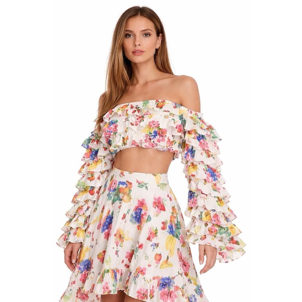 NWT Nichole Lynel Off Shoulder Ruffle Floral Crop Top Large Statement Blouse